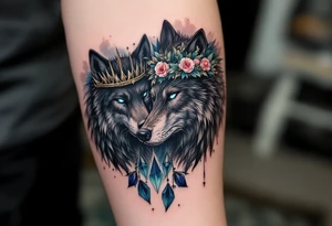 A pair of black wolves, one with a spiked crown and one with a floral tiara, eyes glowing icy blue. tattoo idea