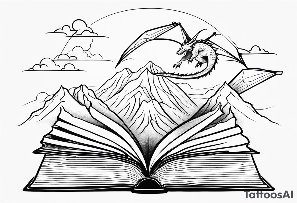A large open book fluttering pages. a tiny dragon with four legs flying in the sky. three mountains coming out of the book tattoo idea