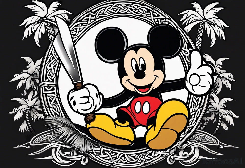 mickey mouse holding a knife in one hand and a stick in the other hand with palm trees and the celtic symbol for family tattoo idea