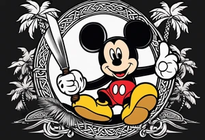 mickey mouse holding a knife in one hand and a stick in the other hand with palm trees and the celtic symbol for family tattoo idea