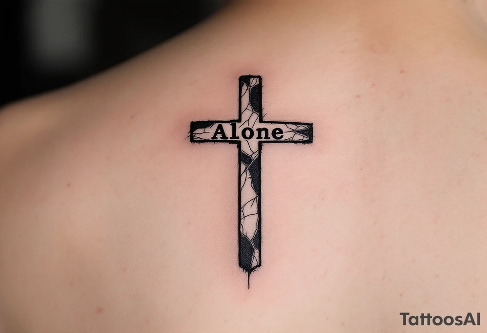 Cross designed in bold black with a cracked effect, paired with the word "Alone" on man face under a man’s right eye. tattoo idea