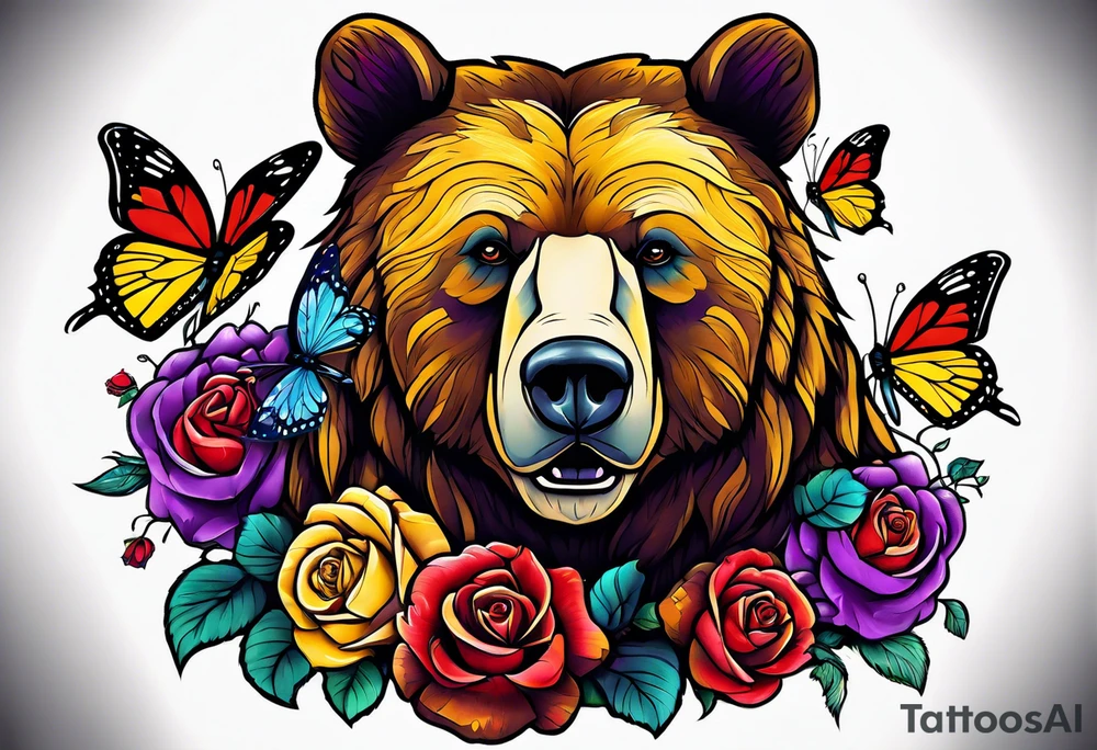 Bear under the tree of life with yellow, purple, and red colored roses and three butterflies for an upper arm tattoo. tattoo idea