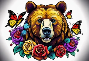 Bear under the tree of life with yellow, purple, and red colored roses and three butterflies for an upper arm tattoo. tattoo idea