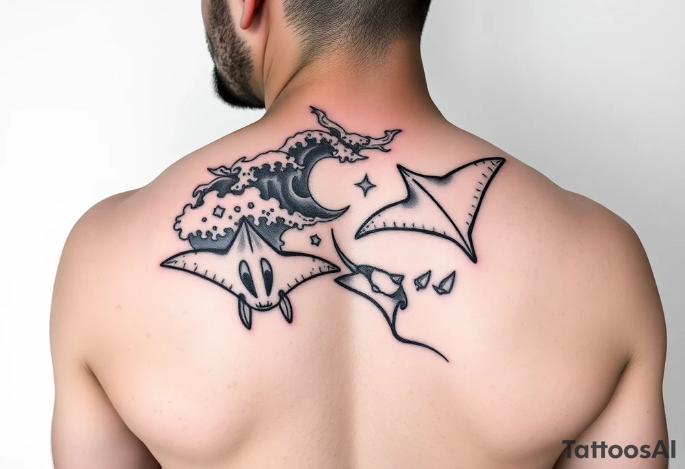 Music inspired kirituhi with wave forms and deep sea manta rays tattoo idea