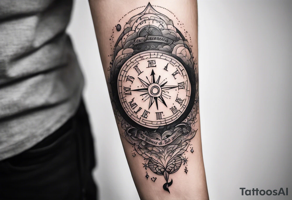 A tattoo featuring a meaningful quote about life's journey, such as "The journey of a thousand miles begins with a single step," accompanied by celestial elements to emphasize the cosmic nature of your path. tattoo idea