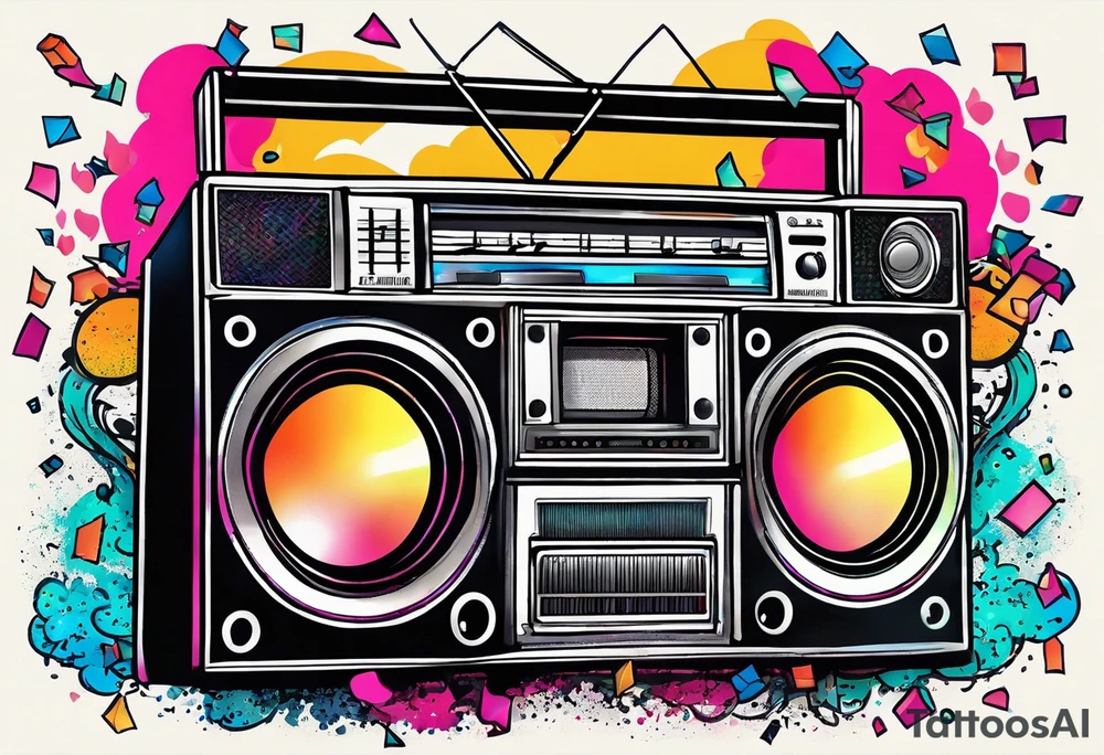 1980's style big boom box mith confetti, balloons and music notes against miami vice style beach background tattoo idea