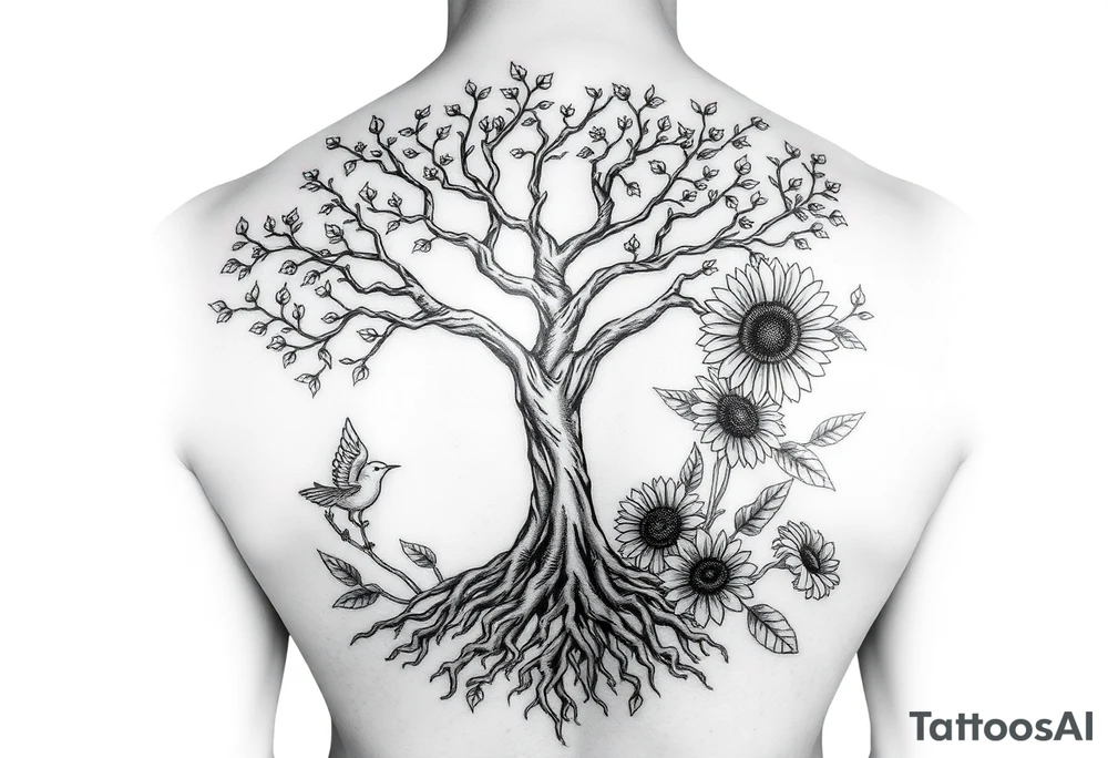 Tree with roots, rose and sunflower garden and bird tattoo idea