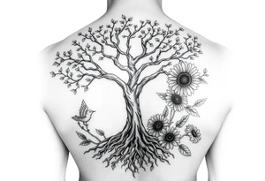 Tree with roots, rose and sunflower garden and bird tattoo idea
