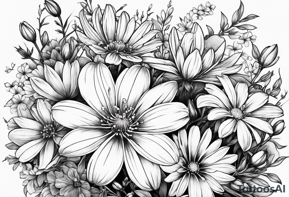Honeysuckle, daisys,cosmos,and snowdrop sleeve tattoo tattoo idea