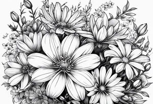 Honeysuckle, daisys,cosmos,and snowdrop sleeve tattoo tattoo idea