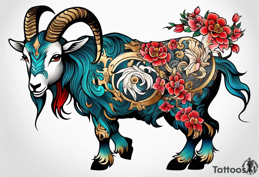 zodiac animal goat in japanese treaditional style tattoo idea