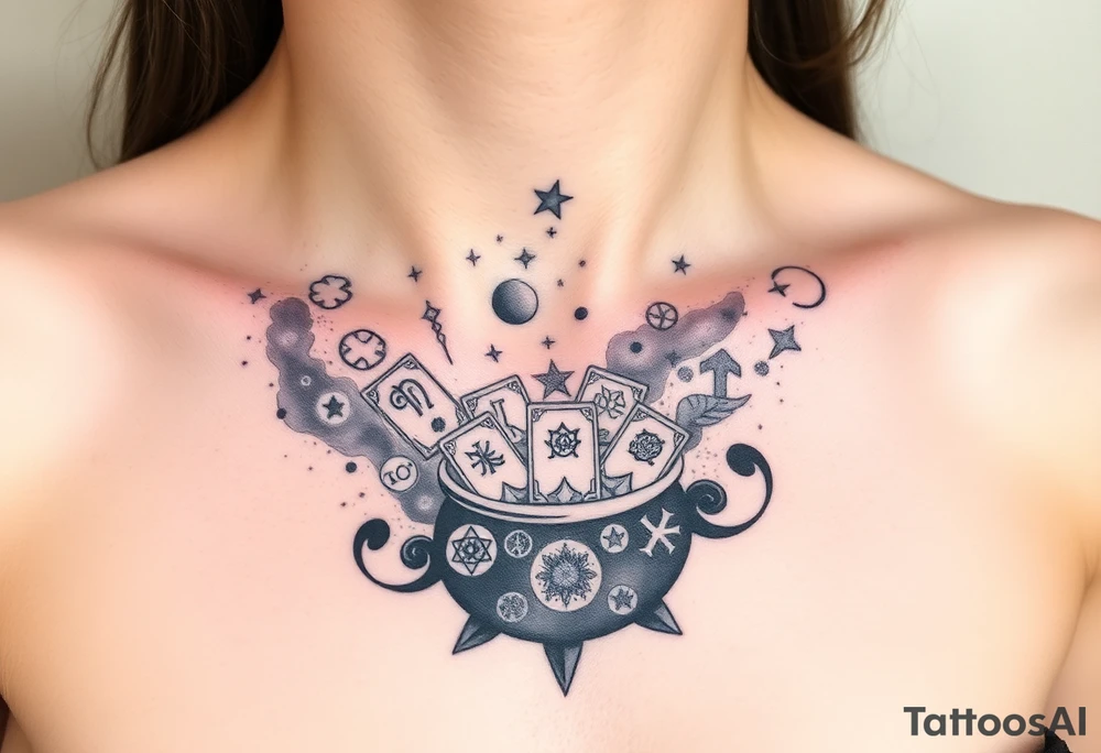 Milky way galaxy filled with zodiac symbols runes tarot cards coming out of a cauldron tattoo idea