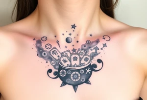 Milky way galaxy filled with zodiac symbols runes tarot cards coming out of a cauldron tattoo idea