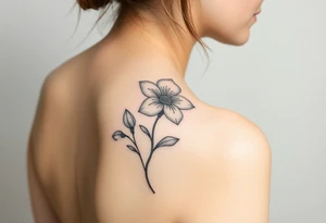 Fine line tattoo with March birth flower, a click with the time 2pm and name nicola tattoo idea