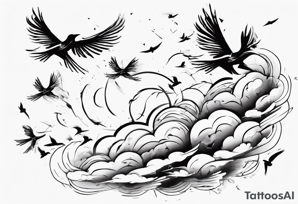 a shoulder tattoo with rays of light, clouds and birds flying free tattoo idea