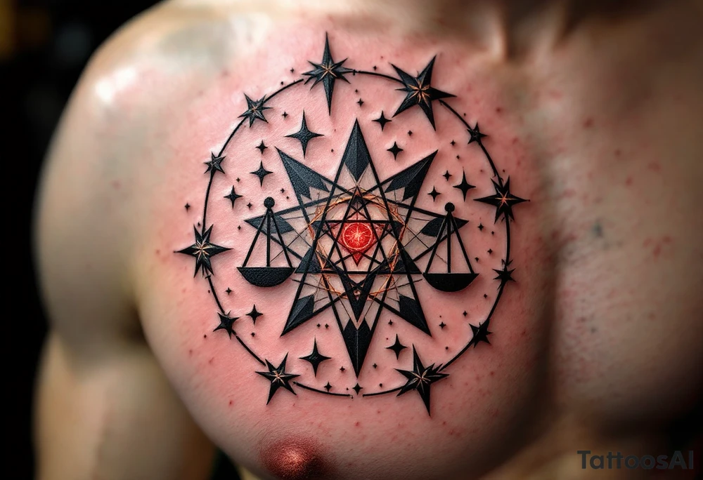 Bold black stars outline the Libra star constellation while a red-ink symbol from the center. tattoo idea
