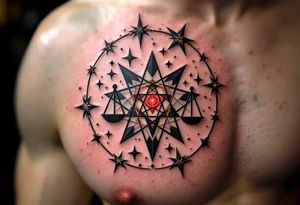 Bold black stars outline the Libra star constellation while a red-ink symbol from the center. tattoo idea