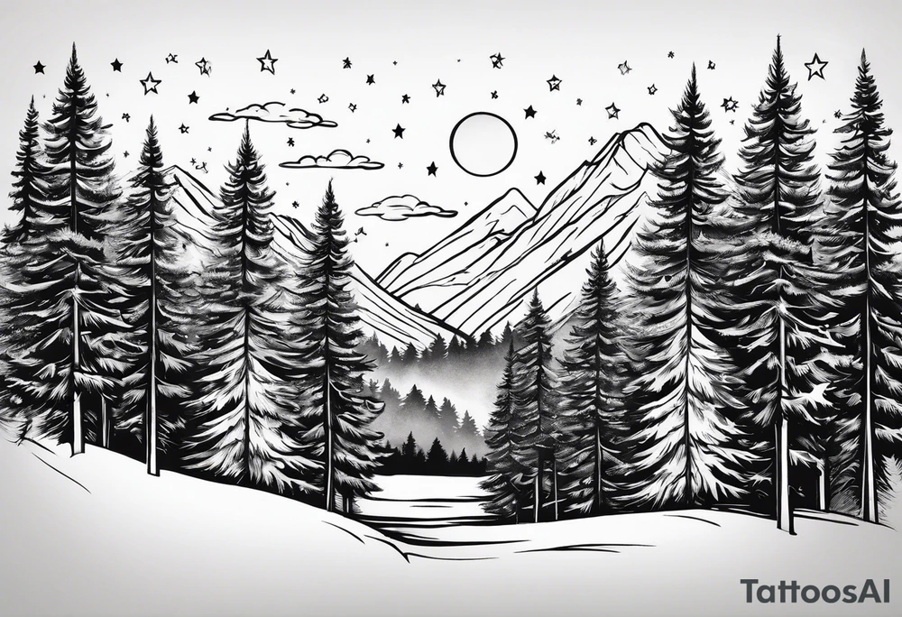 pine trees with stars in the sky tattoo idea