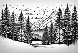 pine trees with stars in the sky tattoo idea
