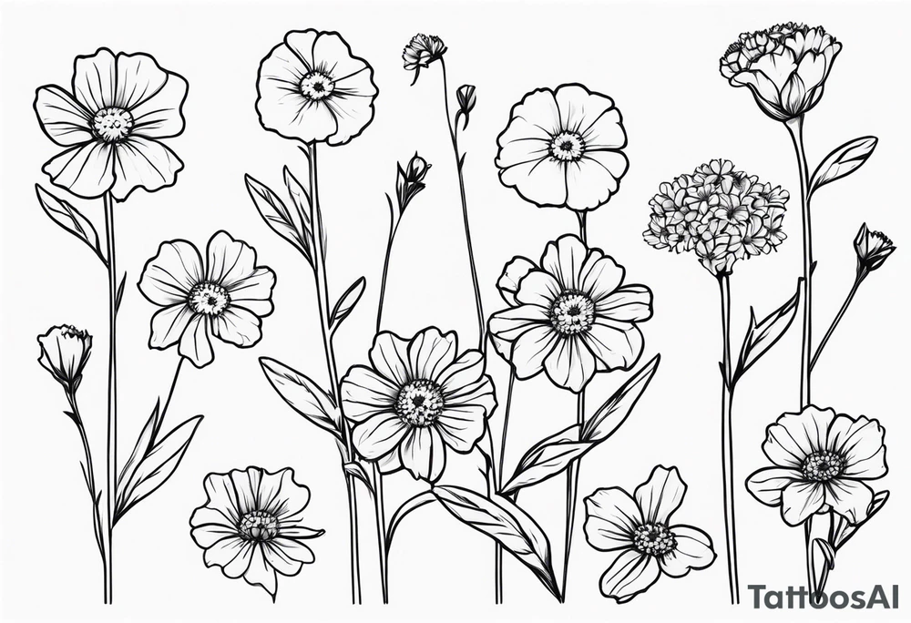 a simplistic bouquet of forget me not flowers, carnation flowers, and aster flowers with a stem tattoo idea