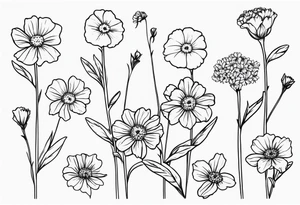 a simplistic bouquet of forget me not flowers, carnation flowers, and aster flowers with a stem tattoo idea