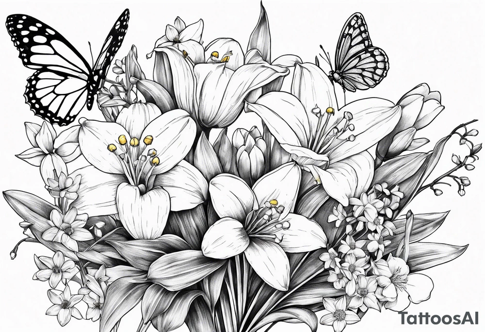 Fine line
lily of the valley, daisy and daffodil bouquet with butterfly 6-8 inches bi tattoo idea