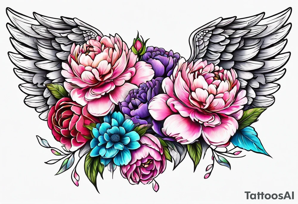 beautiful angel wings with floral peonies, roses, neon, brightly colored. highly detailed, tattoo idea