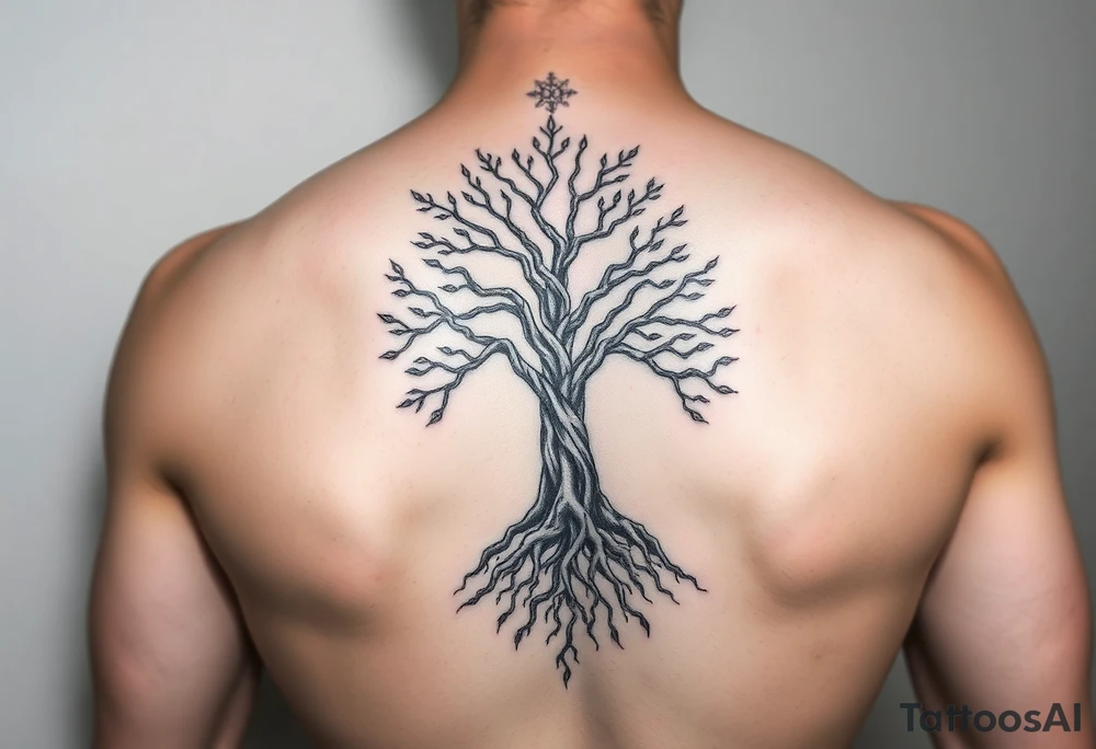 mystical tree of life with cosmic roots and celestial branches tattoo idea
