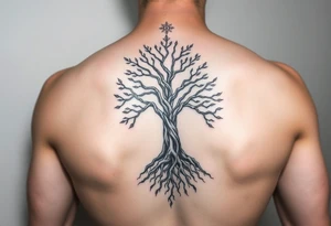 mystical tree of life with cosmic roots and celestial branches tattoo idea