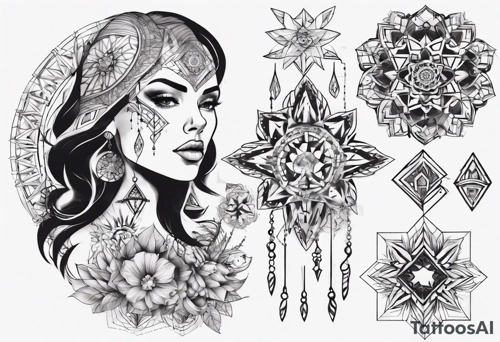 beautiful woman mixed with geometric objects like a mandalas tattoo idea