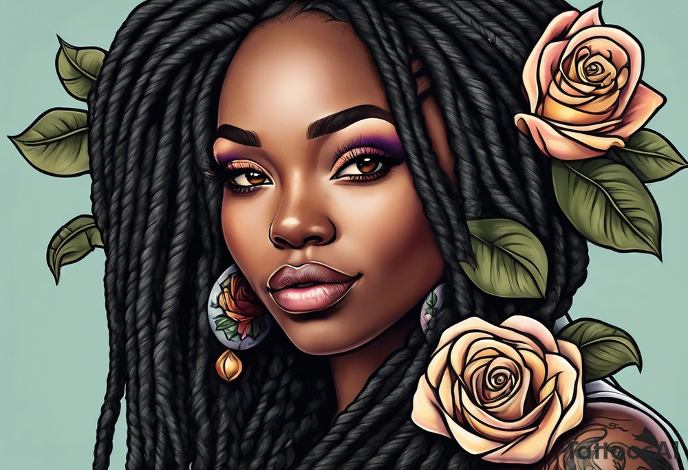 beautiful thick black women with long straight dreadlocks, holding a beautiful single rose,, pastel, old school traditional, tattoo idea