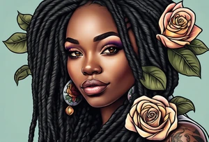 beautiful thick black women with long straight dreadlocks, holding a beautiful single rose,, pastel, old school traditional, tattoo idea