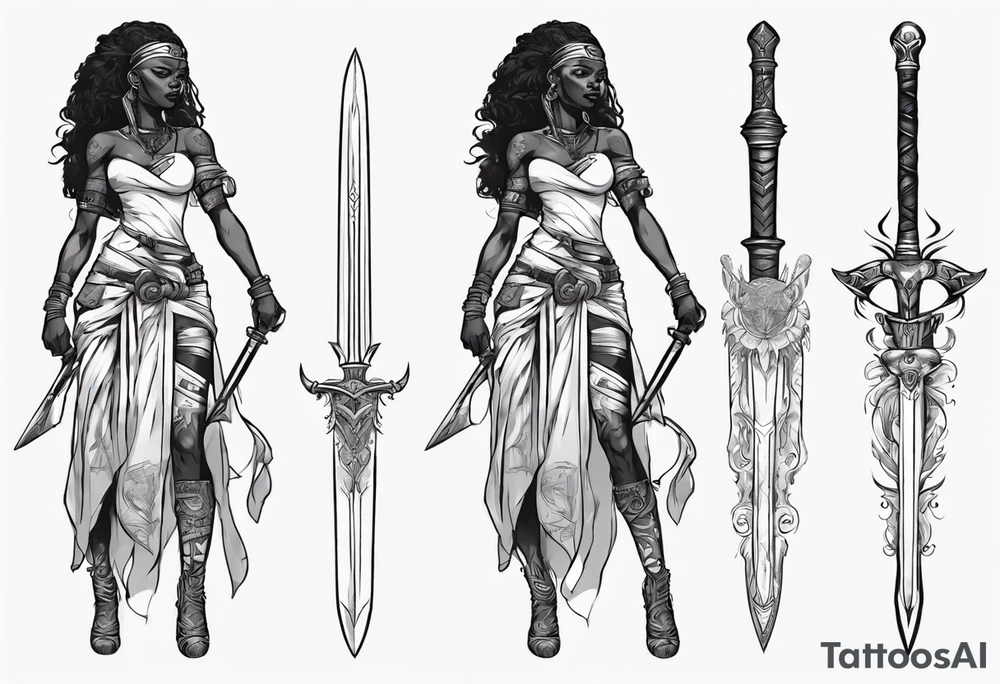 African female full body valkyre slim face holding out sword in both hands tattoo idea