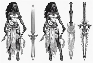 African female full body valkyre slim face holding out sword in both hands tattoo idea