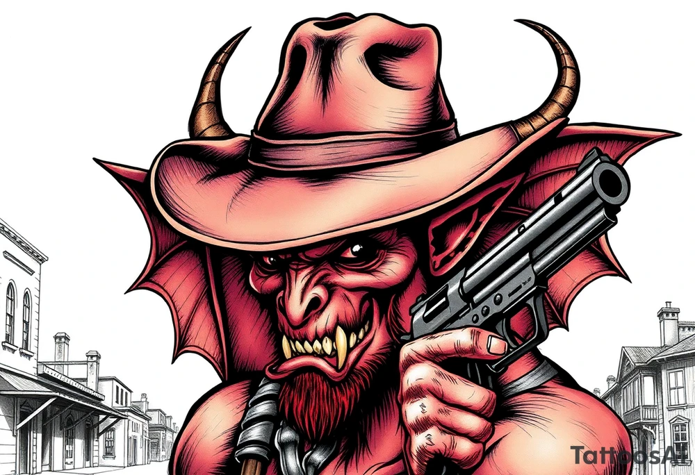 a demon with cowboy-hat ,a gun in a hand, old buildings in the background. tattoo idea