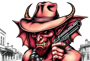 a demon with cowboy-hat ,a gun in a hand, old buildings in the background. tattoo idea