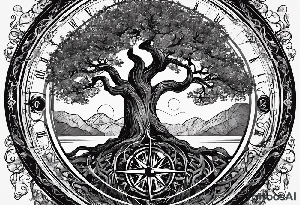 circle of life tree
the roots of the tree wrapped around a compass 
the compass is below the tree
the roots of the tree are wrapped around the compass tattoo idea