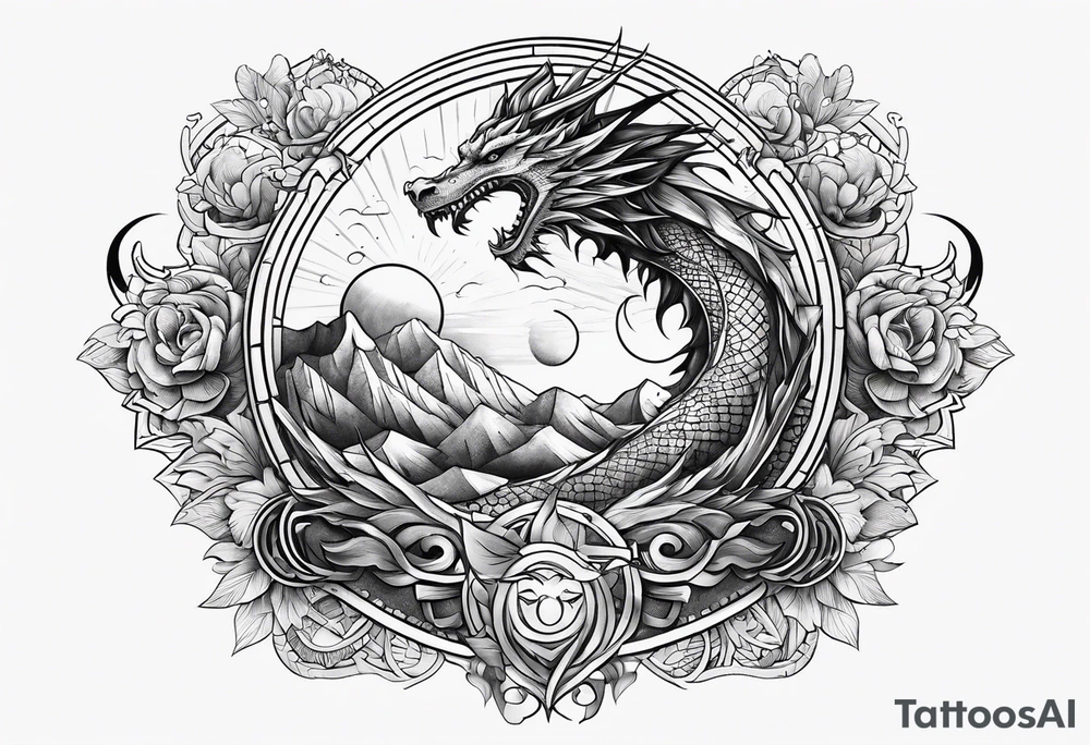 Dragon roman empire building straight lines sun moon tattoo idea