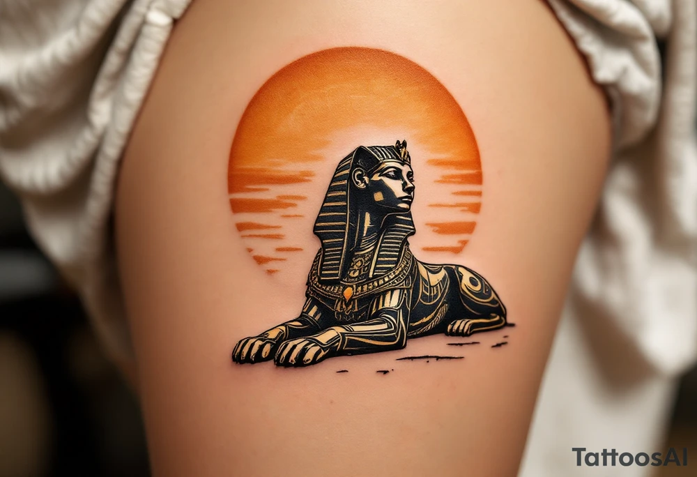 A bronze Sphinx silhouette under a burnt orange desert sun. tattoo idea