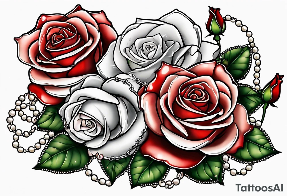 Red roses with a chain made of pearls and seashells tattoo idea