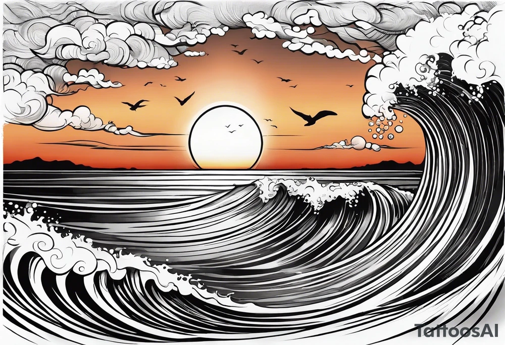 Tattoo from the perspective of being on the ocean at sunset. Water is calm, with very light waves, the sun is setting behind the ocean, reflicting light onto the ocean waves. tattoo idea