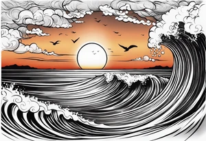 Tattoo from the perspective of being on the ocean at sunset. Water is calm, with very light waves, the sun is setting behind the ocean, reflicting light onto the ocean waves. tattoo idea