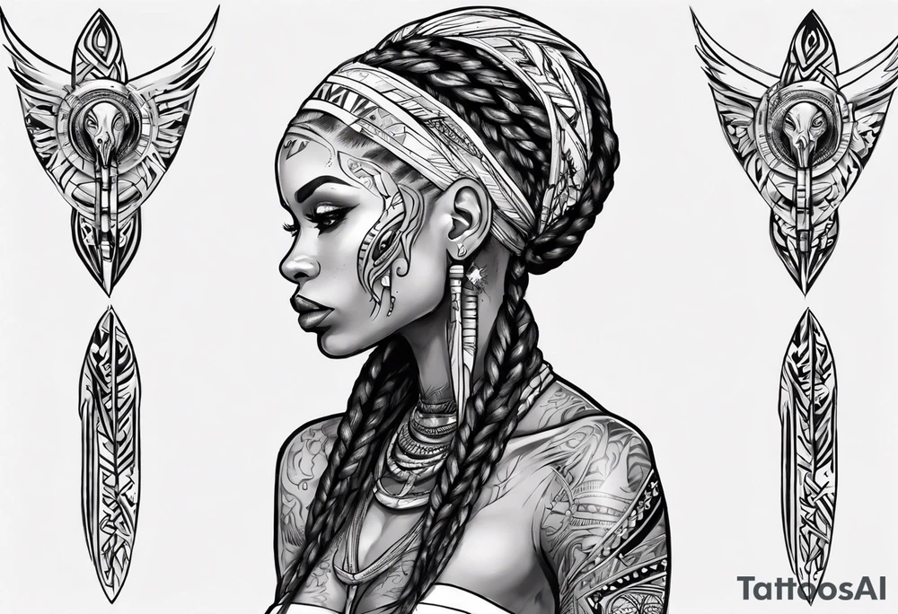 African female Valkyre full body 
slim long face long braided hair tattoo idea