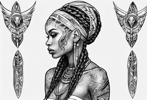 African female Valkyre full body 
slim long face long braided hair tattoo idea