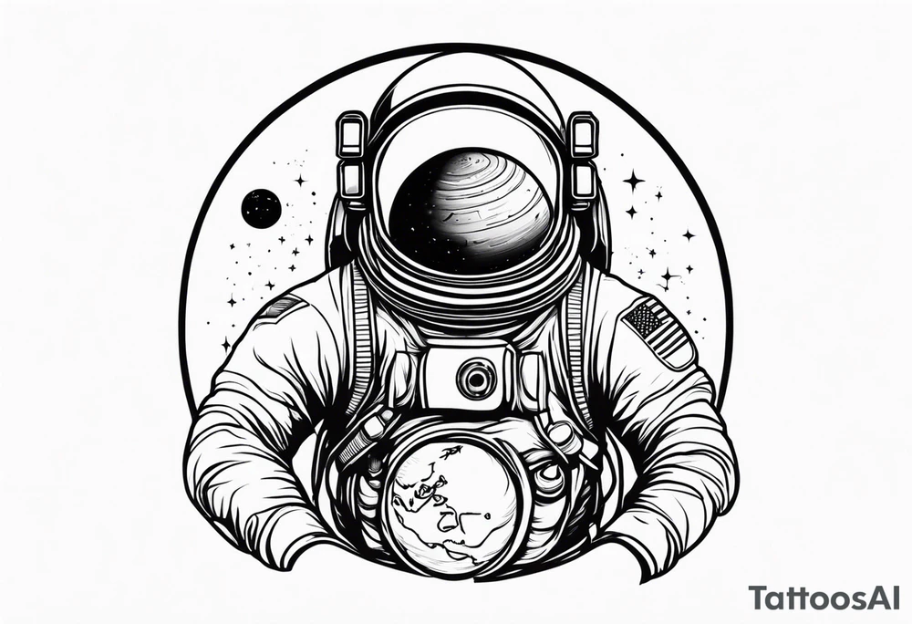 an astronaut hunched over in space from the back holding a planet in his hands tattoo idea