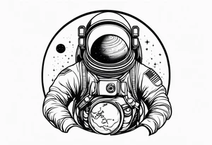 an astronaut hunched over in space from the back holding a planet in his hands tattoo idea