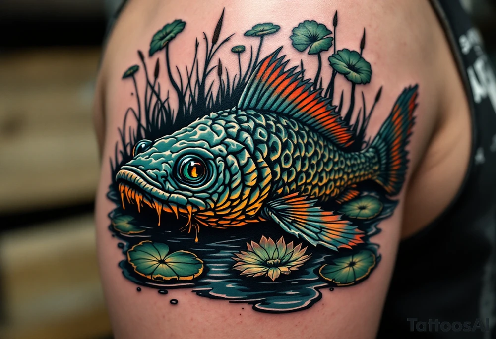 Swamp Guardian Catfish – A dark mossy green and mud-brown catfish resting beneath lily pads and cattails, evoking deep Southern waters. tattoo idea