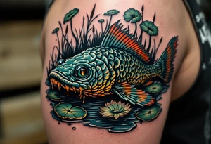 Swamp Guardian Catfish – A dark mossy green and mud-brown catfish resting beneath lily pads and cattails, evoking deep Southern waters. tattoo idea