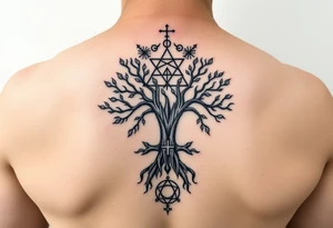 geometrical mystical tree of life with the star of David and cross cosmic roots and celestial symbols branches with HIV-positive symbol at bottom tattoo idea