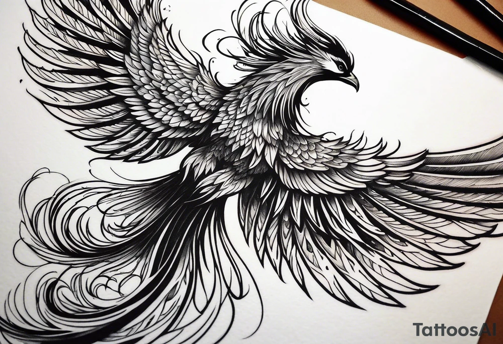 Tattoo: A powerful, majestic phoenix, depicted mid-flight or rising, with wings extended and feathers flowing. Deep shading and intricate details to bring out the texture and motion of the feathers. tattoo idea